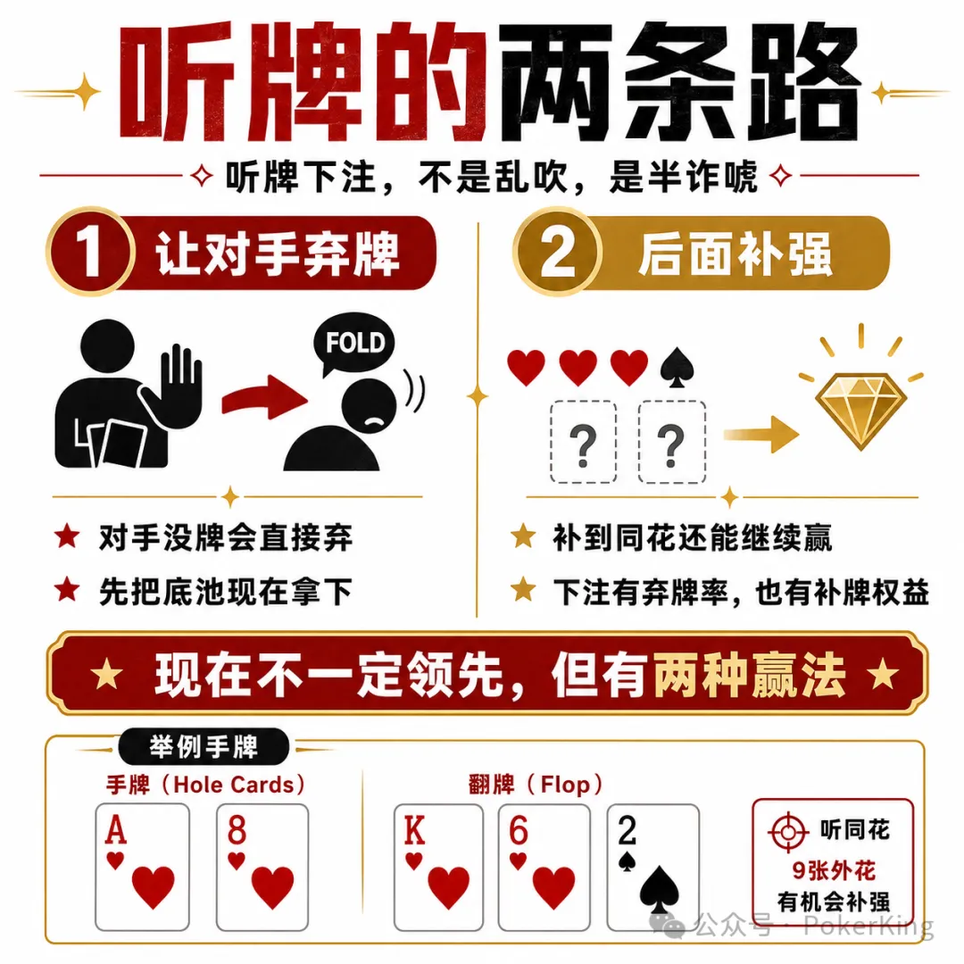 【扑克之星】听牌到底该不该下注？记住这八个字：单挑就打，人多就缩